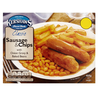 Kershaws Classic Sausage And Chips With Onion Gravy And Baked Beans